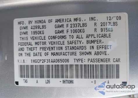2010 Honda Accord 2.4 Lx from USA, damaged, VIN 1HGCP2F31AA065006